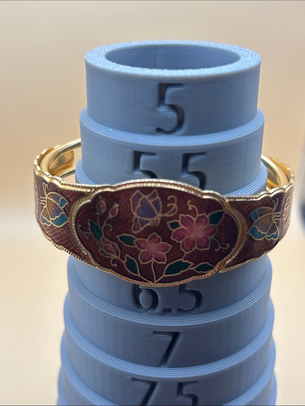 Gold-Tone Floral Cloisonné Hinged Bracelet in Brown Pink and Green - Picture 4 of 17